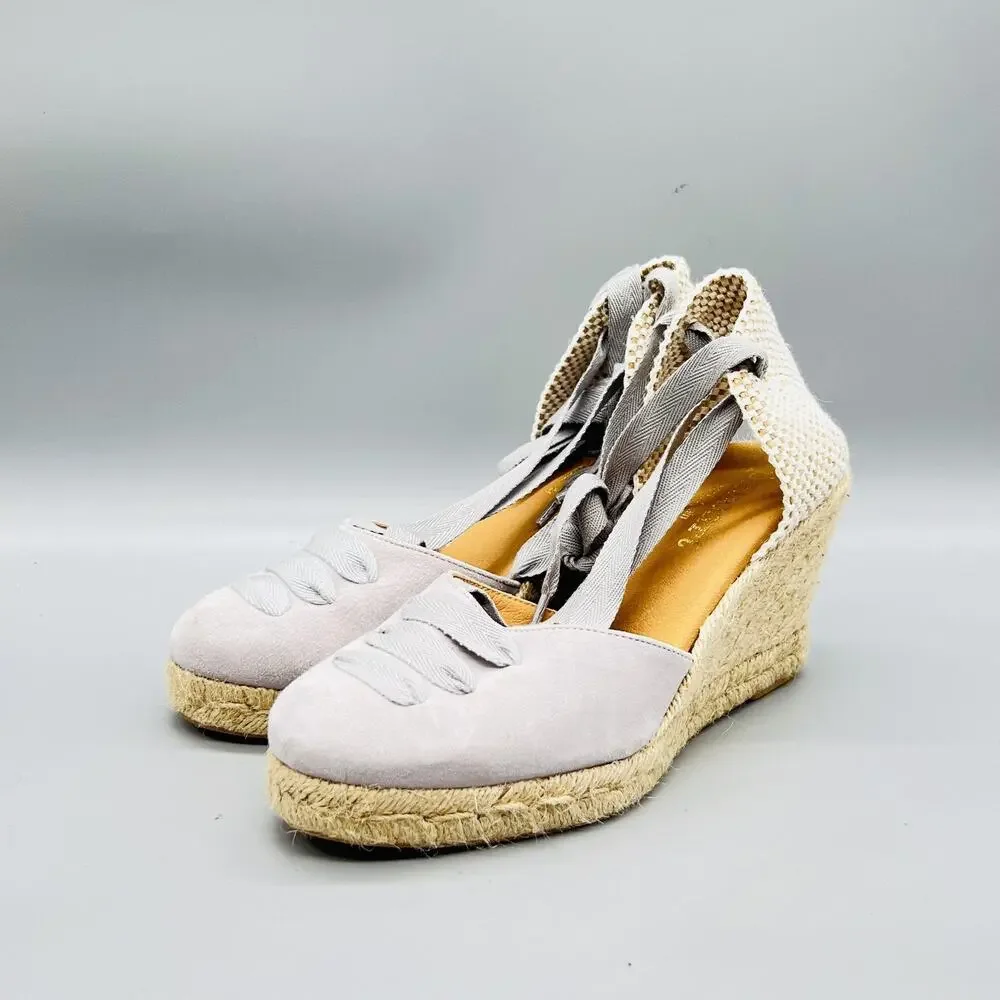 Paseart Sandals Womens 8.5 Gray Suede Espadrille Wedge Ankle Tie Lace Up Shoes